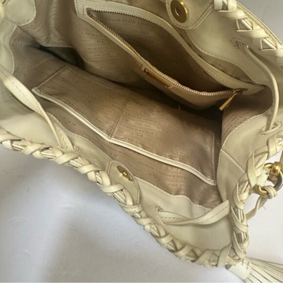 Ralph Lauren Woven Leather Debby Tassel Logo Drawstring Shoulder Bag Bucket Tote - Picture 9 of 16
